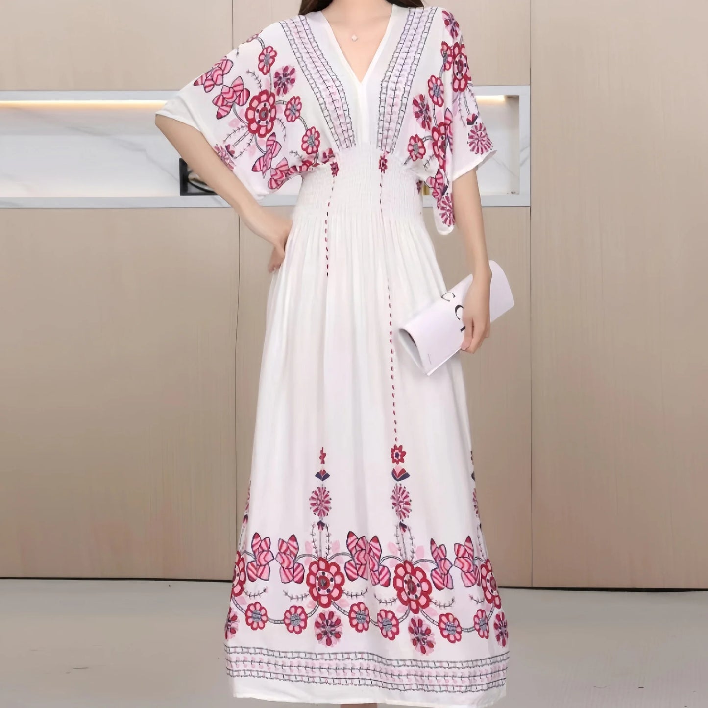 Elegant Vintage Women's Midi Dress V-Neck Retro Print Dress High Street Office Lady's Dress Short Sleeve A-Line Dress Boho Chic