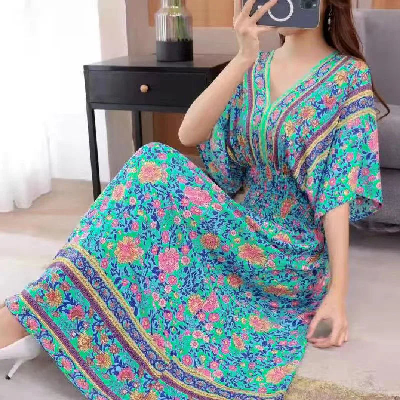 Elegant Vintage Women's Midi Dress V-Neck Retro Print Dress High Street Office Lady's Dress Short Sleeve A-Line Dress Boho Chic