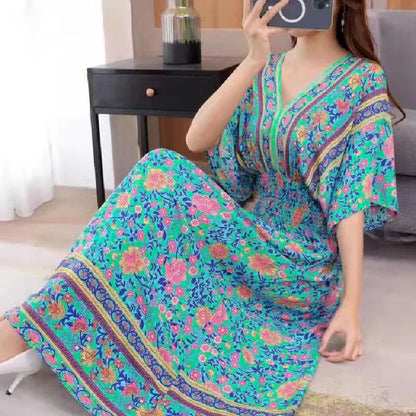 Elegant Vintage Women's Midi Dress V-Neck Retro Print Dress High Street Office Lady's Dress Short Sleeve A-Line Dress Boho Chic