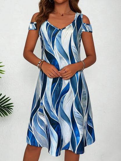 Women's Blue White Abstract Wave Print Cold Shoulder Dress, Summer Casual V Neck Short Sleeve Flowy Sundress