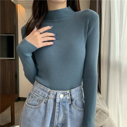 Jocoo Jolee 2023 Autumn Basic Bottoming Sweater Top Women Ribbed Soft Mock Neck Elastic Pullover Warm Solid Color Slim Jumper