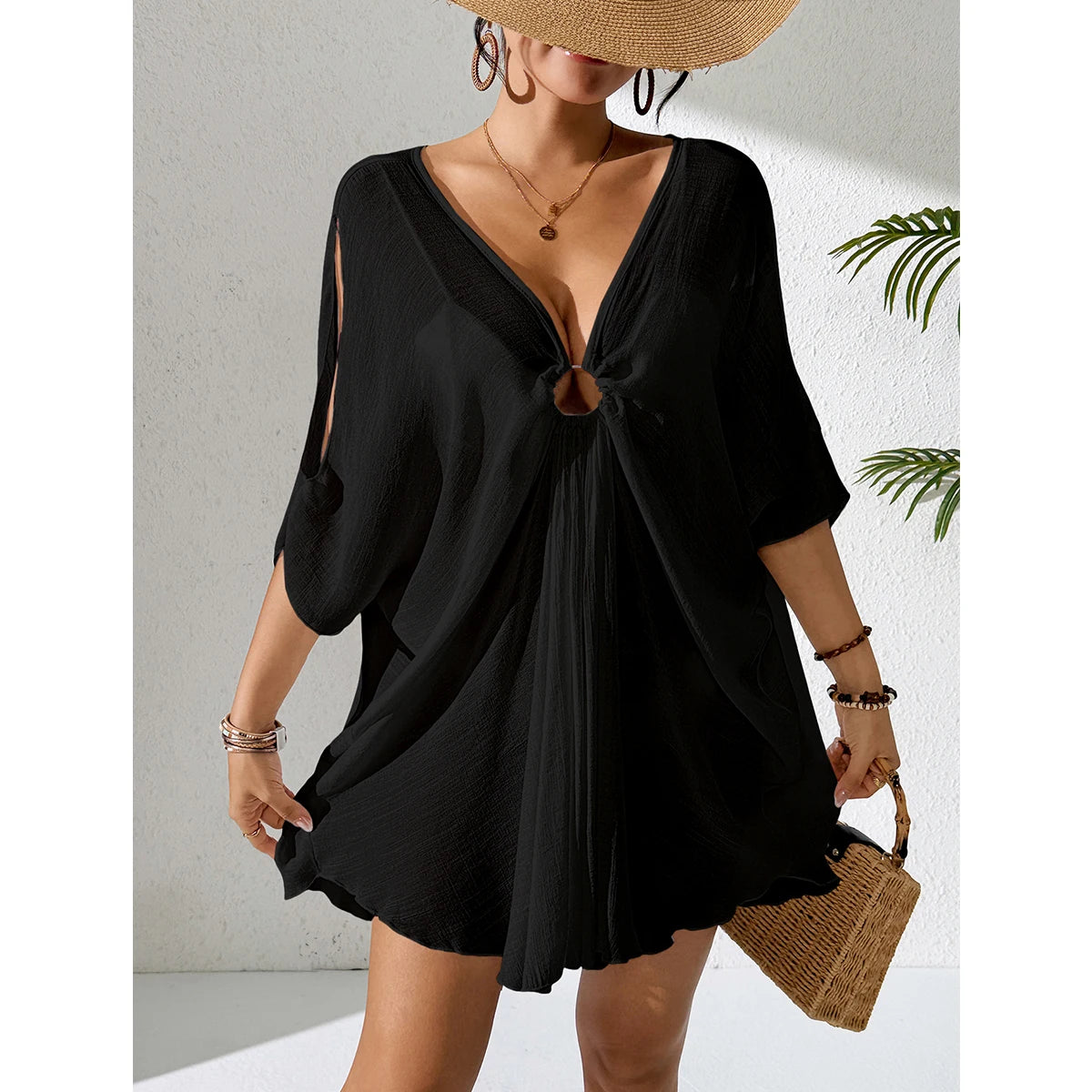 Pure Color V-Neck Lightweight Transparent Loose Dress, Beach Style Casual Comfort Sun Protection Cover Up, Fashion Beachwear