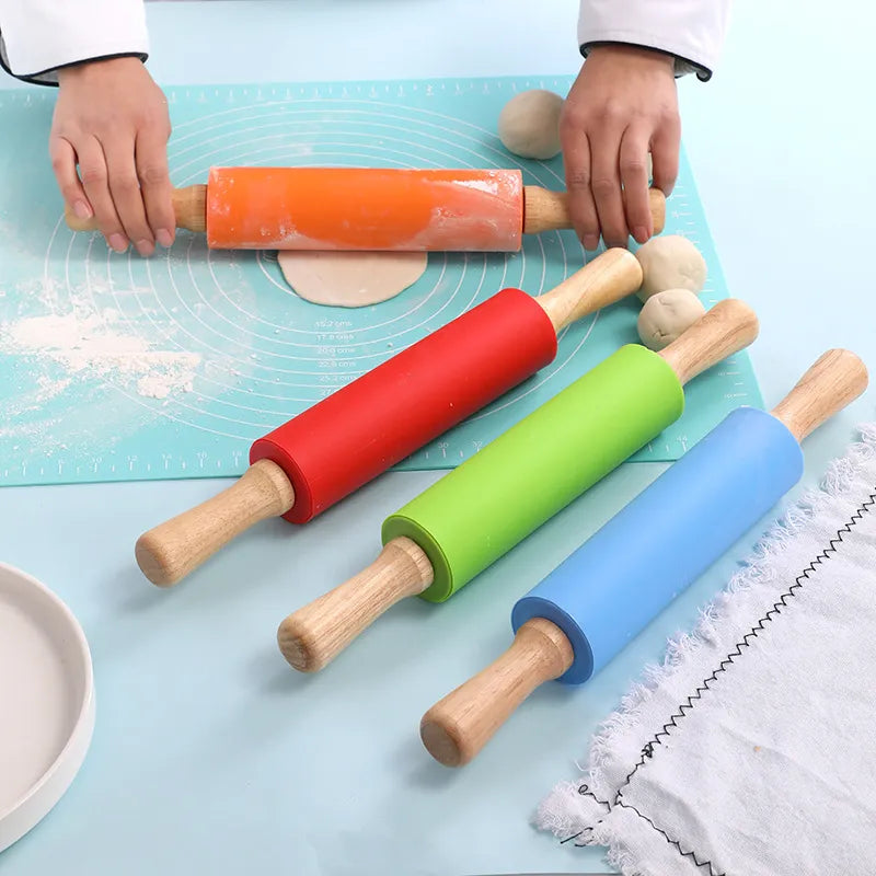 Non-Stick Silicone Rolling Pin Wooden Handle Pastry Dough Flour Roller Kitchen Cooking Baking Tool For Pasta Cookie Dough