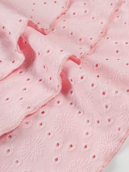 Women's Solid Colour Burned Flower Embroidery Ruffled Hem Mini Sleeveless Dress Elegant, Sensual, Pink Girly Style