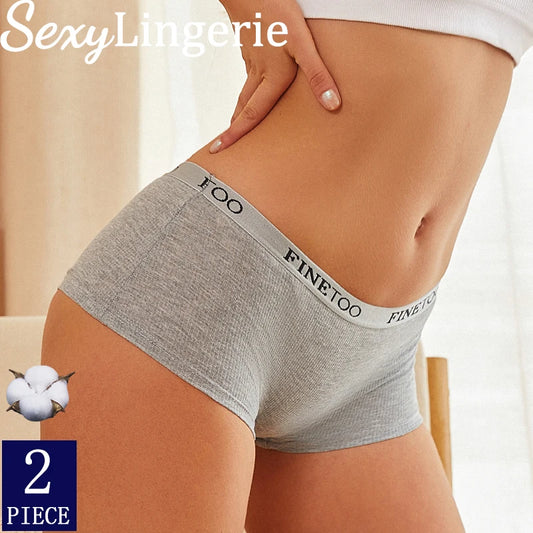 FINETOO 2PCS/Set Women Cotton Panties Female Boxer Boyshort Low Waist Letter Logo Sport Underwear Ladies Pants Intimate Lingerie