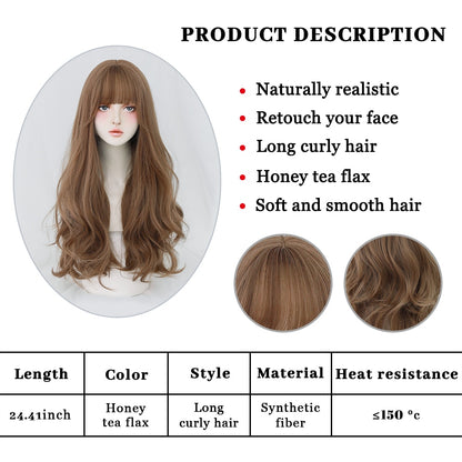 Long Curly Hair Women Wig with Bangs Daily Brown Black Pink Lolita Cosplay Braided Wigs Heat Resistant Fiber Party Fake Hair