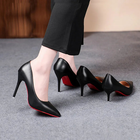 Sexy Fashion Red Sole Women's Pumps Matte Leather Stiletto Heels Shoes Classic Black Career Work Dress Shoes Ladies High Heels ﻿