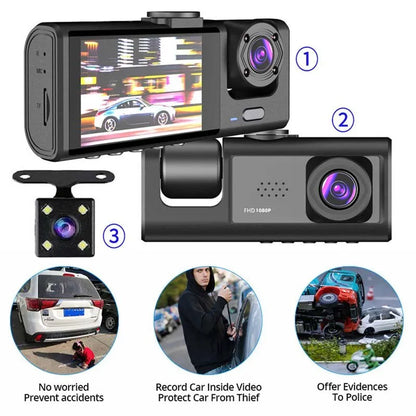 Dash Cam W/ IR Night Vision Loop Recording & 2" IPS Screen 1080P 3 Camera